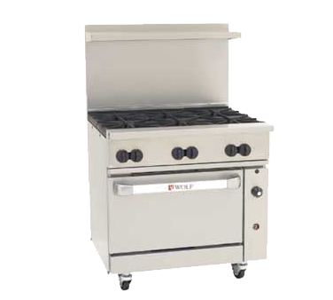 Wolf C36C-6B Challenger XL™ estufa para restaurante, gas, 36", (6) quemadores de 30,000 BTU, cabezales de quemadores desmontables, horno de convección, 215,000 BTU, NSF