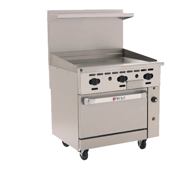 Wolf C36S-36G Challenger XL™ Restaurant Range, gas, 36", griddle, 7/8" thick plate, manual controls, 4" wide front grease trough, standard oven, 95,000 BTU, NSF