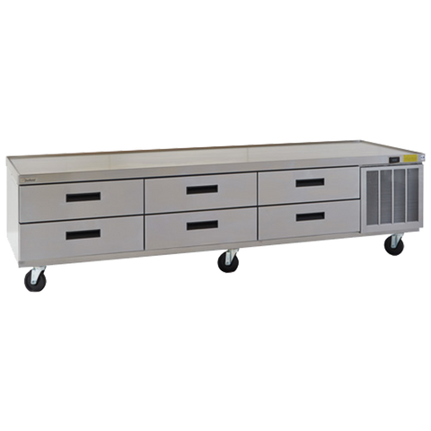 Delfield F2999CP Soporte para equipo refrigerado de perfil bajo, 99-1/4" W, tres secciones, (6) cajones (bandejas no incluidas), 1/4 hp, cUL, UL, NSF