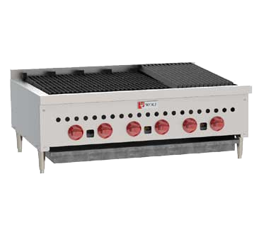 Wolf SCB36 parrilla para carbón, 36-1/8" W, encimera, (6) quemadores de 14,500 BTU con pilotos de pie y radiantes de hierro fundido, controles manuales de válvula de gas, 87,000 BTU, NSF