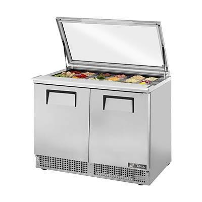 Two-Section Sandwich/Salad Prep Table, Flat Glass Lid with 4 Shelves, 115v