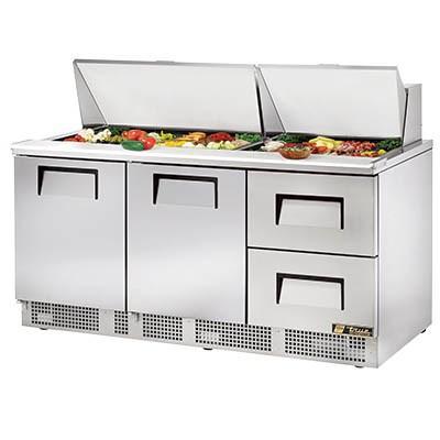 Mesa para preparación de sándwiches/ensaladas de 72" y 3 secciones con base refrigerada, 2 puertas, 2 cajones, 115 V