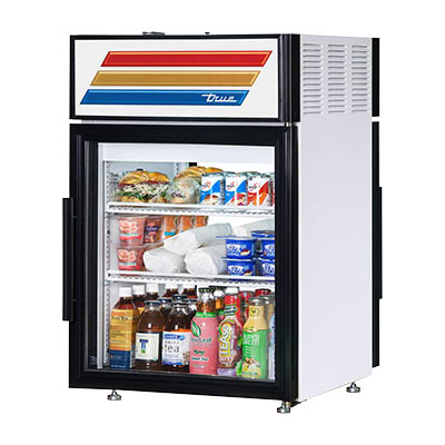Expositor refrigerado de paso para encimera, con puertas de vidrio con bisagras