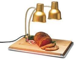 Carlisle HL8285GB21 Flexiglow 24" Dual Arm Aluminum Heat Lamp with Gold Finish, Maple Cutting Board, and Drip Pan - 120V