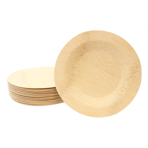 plato desechable, 22.88cm de diámetro, redondo, bambú, acabado natural