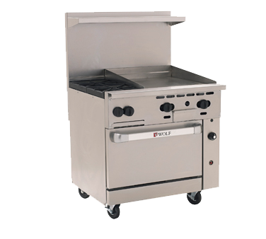 Wolf C36S-2B24G Challenger XL™ Cocina para restaurante, gas, 36", (2) quemadores de 30,000 BTU, (1) plancha de 24", 7/8" de espesor, 135,000 BTU, NSF