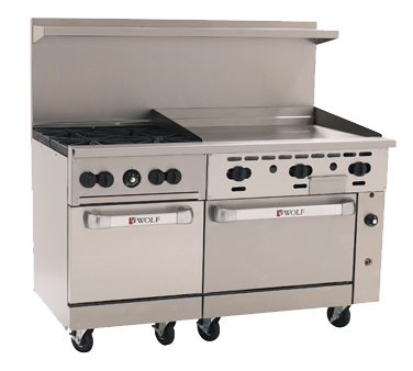 Wolf C60SS-4B36G Challenger XL™ Estufa para restaurante, 60", gas, (4) quemadores de 30,000 BTU con cabezales de quemadores desmontables, fry top de 36", (2) bases de horno estándar, 238,000 BTU, NSF