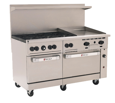 Wolf C60SS-6B24G Challenger XL™ Cocina para restaurante, 60", gas, (6) quemadores de 30,000 BTU, plancha manual de 24", 3/4" de espesor, 268,000 BTU, NSF