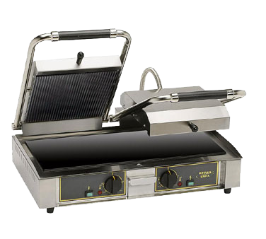 Equipex MAJESTIC VC Sodir-Roller Grill Panini Grill, placas de vitrocerámica ranuradas en la parte superior e inferior lisa, 21-1/2"An. x 11"Pr. área de parrilla (2), 208/240v/60/1-ph 120/140 amperios