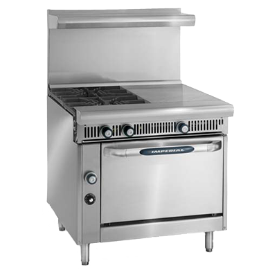 Imperial IHR-2-1HT Diamond Series estufa para trabajo pesado, gas, 36", (2) quemadores abiertos, (1) superficie caliente de 18", horno estándar, 150,000 BTU, NSF