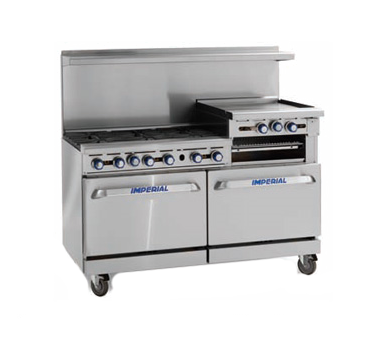 Imperial IR-6-G24 cocina para restaurante, gas, 60", (6) quemadores abiertos, (1) plancha de 24", (2) hornos estándar