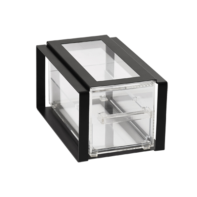 Vollrath SBB13F-06 Cubic Acrylic Display System, 9-1/16"W x 14-1/2"D x 7-7/8"H, 1/3 size clear acrylic display bin with (1) drawer, black frame, NSF