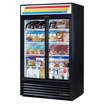 True GDM-41-HC-LD Exhibidor refrigerado de dos secciones con puerta de vidrio y puertas corredizas