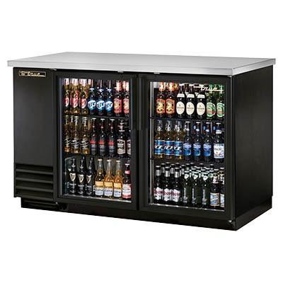 Refrigerador trasero de barra de dos secciones, color negro, con (2) puertas batientes de vidrio