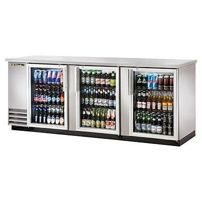 Refrigerador con barra trasera de acero inoxidable de tres secciones con (3) puertas batientes de vidrio