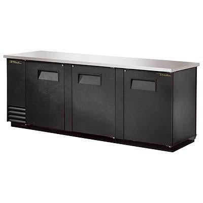 Refrigerador con barra trasera de tres secciones, color negro, con (3) puertas batientes sólidas