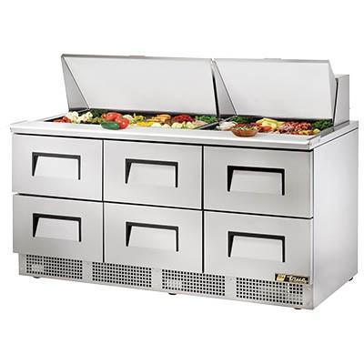 Mesa para preparación de sándwiches/ensaladas de 72" y 3 secciones con base refrigerada, contiene 6 cajones, 115 V