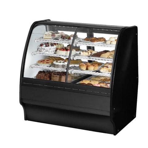 Expositor de vidrio, zona dual seca/refrigerada, 48-1/4"L, vidrio curvado con 6 estantes en total, 115 V