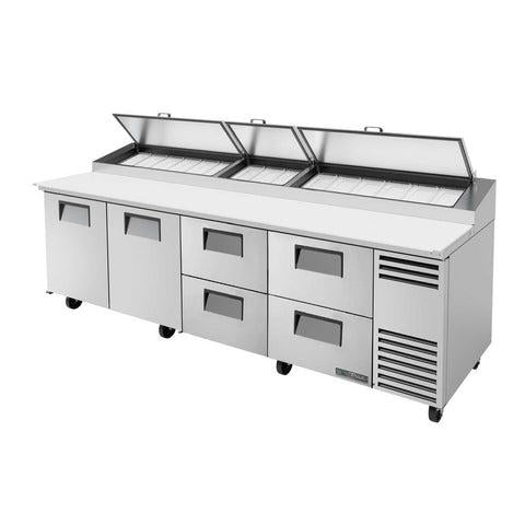 Pizza Prep, Stainless Steel Cover, Cutting Board, 2 Full Doors, 4 Drawers