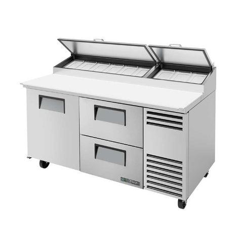 Preparación de pizza, riel para bandejas, cubierta de acero inoxidable, tabla para cortar, 1 puerta completa, 2 cajones, 115 V