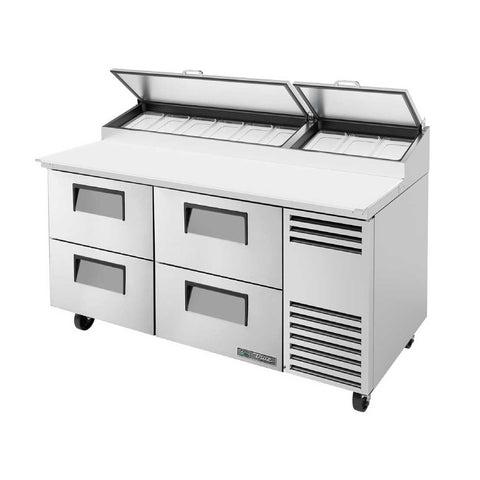 Pizza Prep, 33-41°F Pan Rail, Stainless Steel Cover, Cutting Board, 4 Drawers