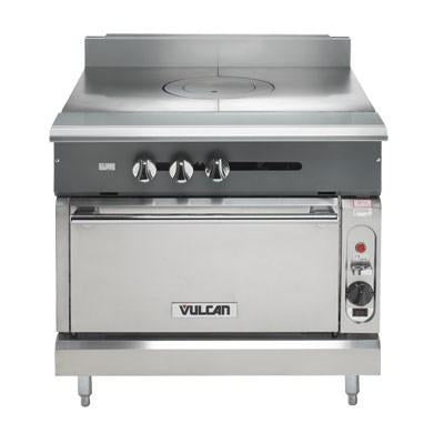 Vulcan V2P36C Cocina de servicio pesado, 36" de ancho, horno de convección, plancha doble de 18"