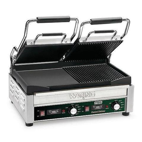 Waring WDG300T Parrilla Panini de doble superficie, mitad acanalada y mitad plana, 240v/60/1-ph