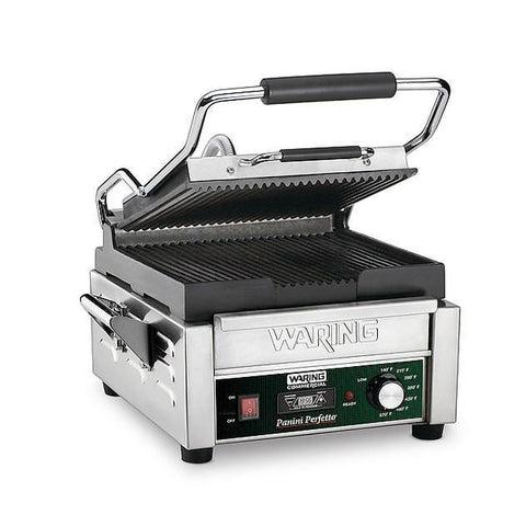 Waring WPG150T Parrilla Panini compacta, eléctrica, simple, placas de hierro fundido acanaladas, 120v/60/1-ph