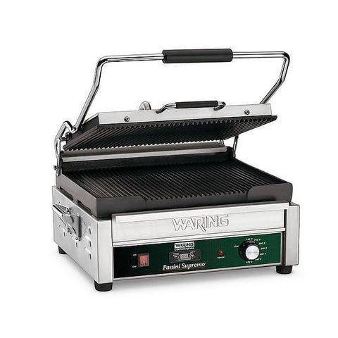 Waring WPG250TB Parrilla Panini grande, simple, placas de hierro fundido acanaladas, 208v/60/1-ph