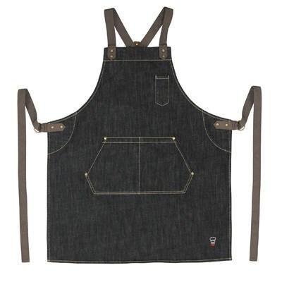 Winco BADN-3126L Signature Chef 2-Pockets Apron (Dark Wash Denim with Brown Straps)